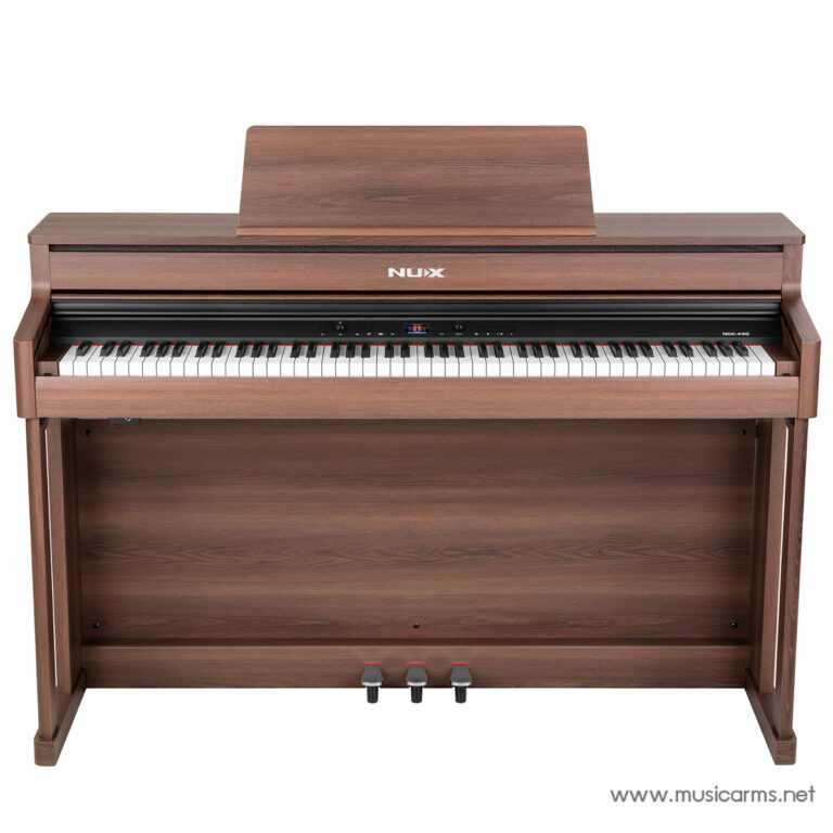 Wood-finish upright digital piano with 88 keys, three pedals, and a matching stand (NUX logo on the front). Showcases a traditional piano look with modern electronics. ขายราคาพิเศษ