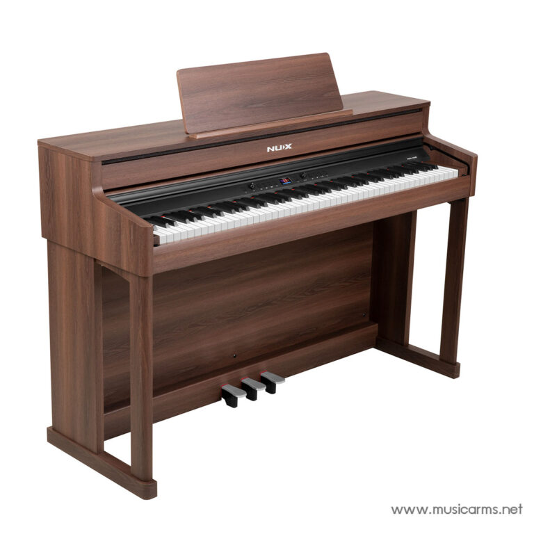 Wooden digital piano with a matching music stand and three pedals, brand NUX, shown from a side angle. ขายราคาพิเศษ