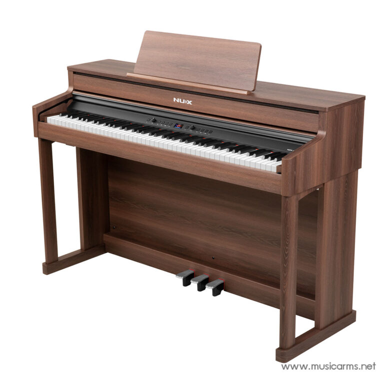 Wooden upright digital piano with a matching lid, keyboard, and three pedals in front. ขายราคาพิเศษ