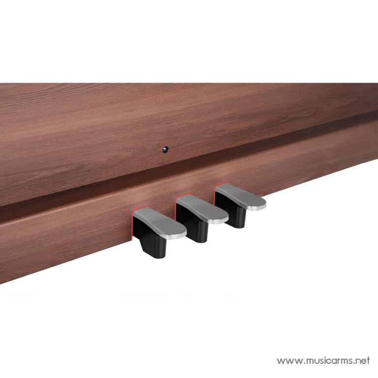 Three silver piano pedals mounted under a dark wood piano, from left to right: soft, sostenuto, and sustain pedals. ขายราคาพิเศษ