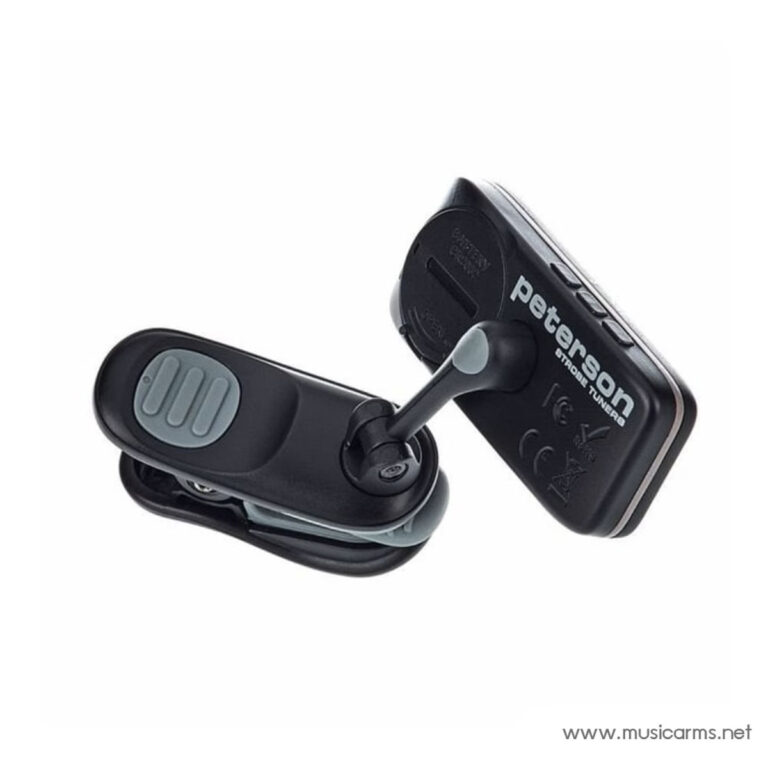 Peterson Strobe Tuner clip-on device attached to a guitar headstock, ready for tuning, with branding visible on the unit. ขายราคาพิเศษ
