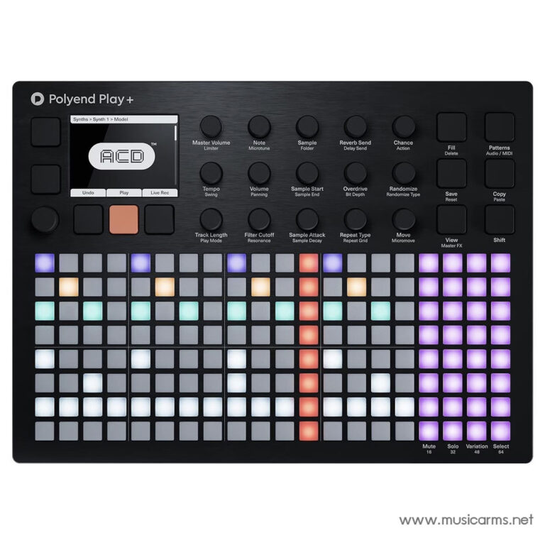 Polyd Play+ hardware groovebox with a grid of colorful illuminated pads and control knobs on a brushed metal panel ขายราคาพิเศษ