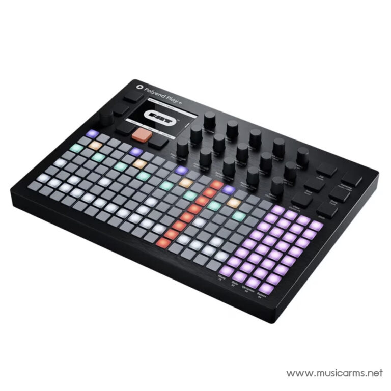 Polyend Play+ MIDI controller with an illuminated color-coded pad grid and multiple rotary knobs on a black surface ขายราคาพิเศษ