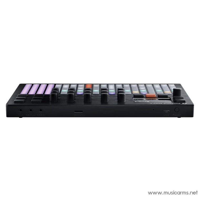 Black MIDI controller with multicolored illuminated pads and knobs, viewed from the side on a white background. ขายราคาพิเศษ