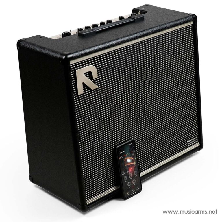 Black guitar amplifier with a smartphone resting against its grille, displaying a control app on the screen. ขายราคาพิเศษ