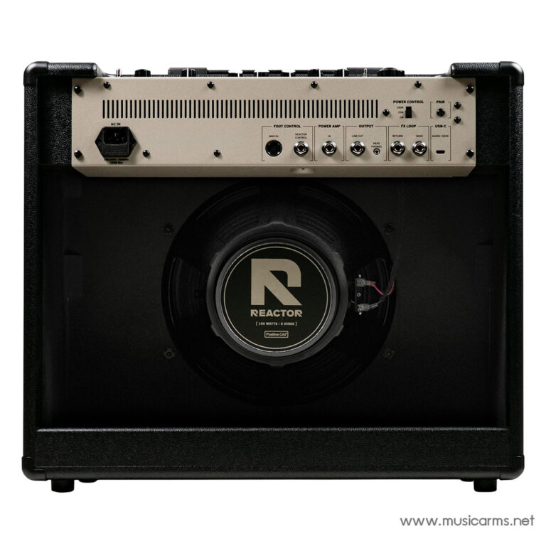 Black guitar amplifier with a large circular speaker and beige control panel at the top, logo reads 'REACTOR'. ขายราคาพิเศษ