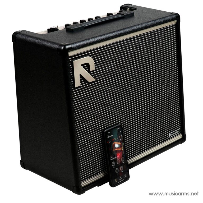 Black guitar amplifier with a striped grille, metal corner protectors, and a smartphone mounted on the front displaying a music app ขายราคาพิเศษ