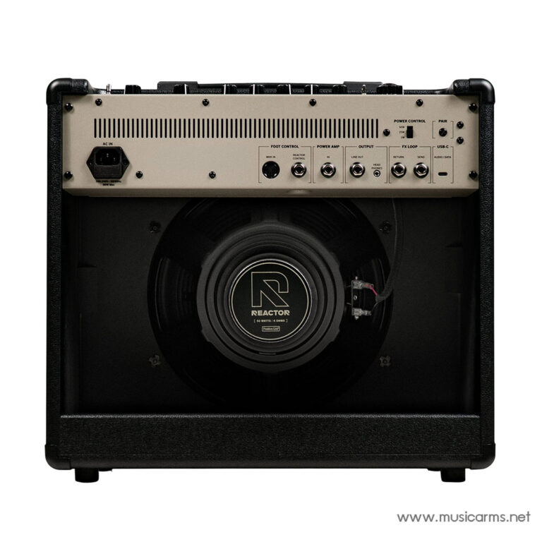 Rear view of a black guitar amplifier cabinet with a beige control panel and a large central speaker labeled Reactor ขายราคาพิเศษ