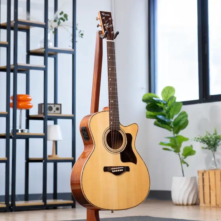 Acoustic guitar on a stand in a bright living room with shelves and plants nearby. ขายราคาพิเศษ