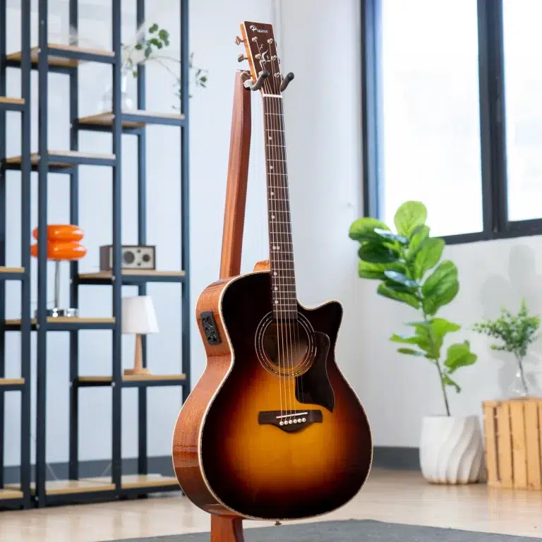 Acoustic sunburst guitar on a stand in a bright modern room with plants and shelves in the background ขายราคาพิเศษ