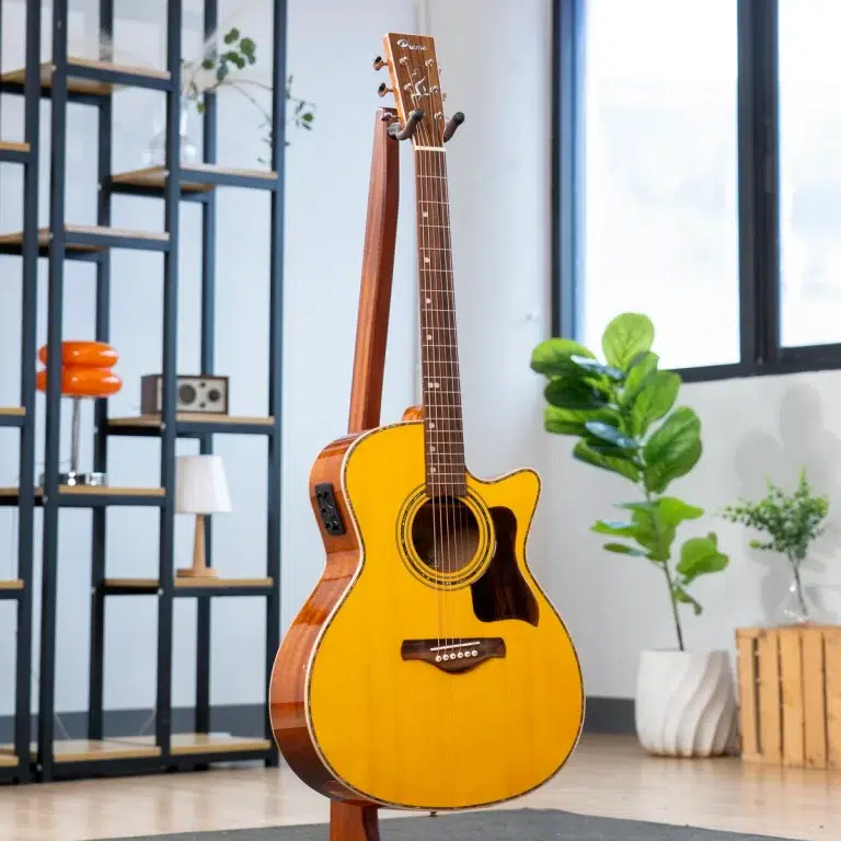 Yellow sunburst acoustic guitar on a stand in a bright, plant-filled living room with modern shelving nearby ขายราคาพิเศษ