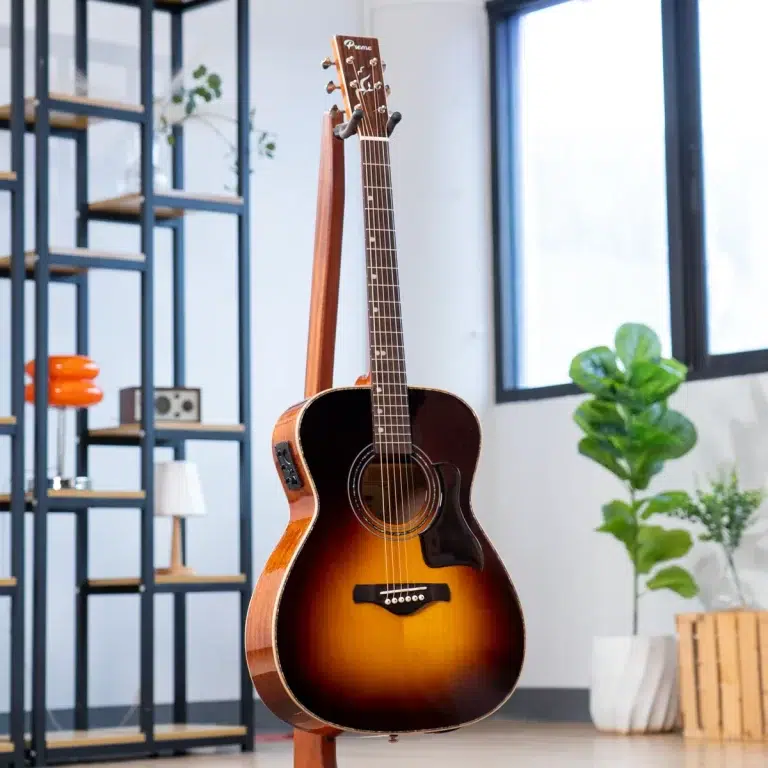Sunburst acoustic guitar on a stand in a bright living room with shelves and plants behind it. ขายราคาพิเศษ