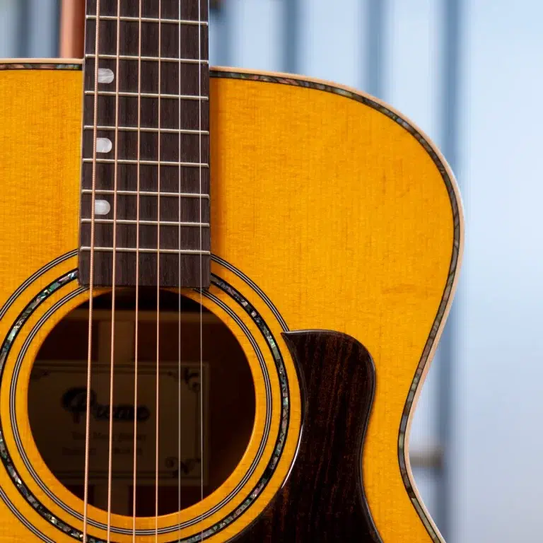Close-up of an acoustic guitar showing the fretboard, strings, and sunlit yellow body around the soundhole. ขายราคาพิเศษ