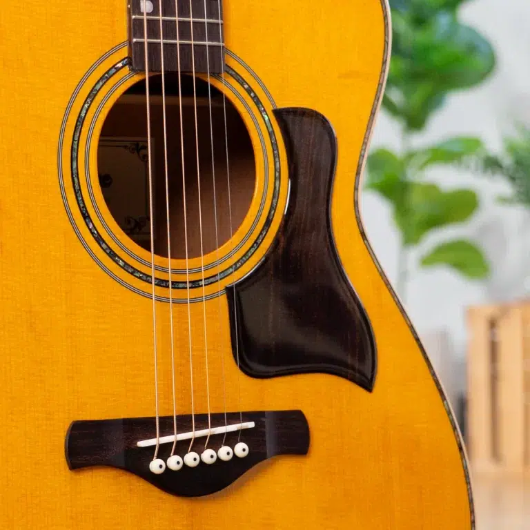 Close-up of a yellow acoustic guitar showing the sound hole, rosette, strings, and black pickguard. ขายราคาพิเศษ