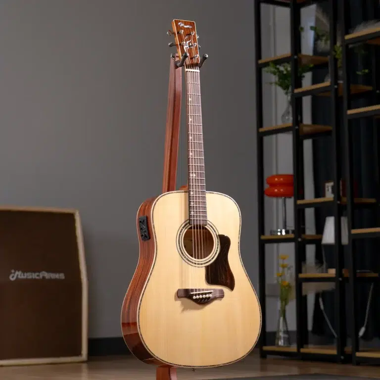 Acoustic guitar on a wooden stand in a modern room with shelves in the background. ขายราคาพิเศษ