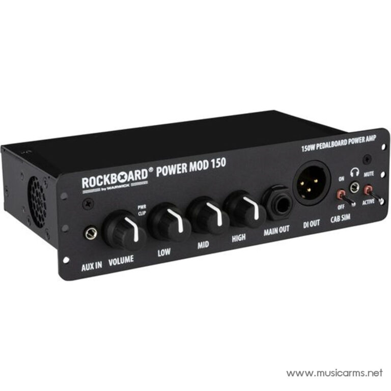 Front panel of a Rockboard Power Mod 150 pedalboard power amplifier with: AUX IN, VOLUME, LOW, MID, HIGH, MAIN OUT, DI OUT, and CAB SIM controls ขายราคาพิเศษ