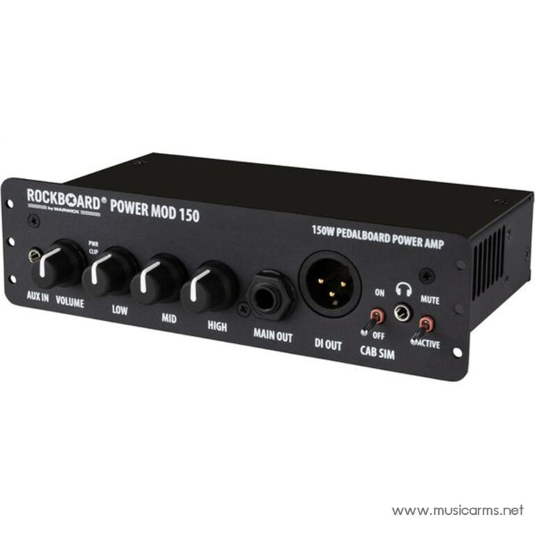 Front panel of Rockboard Power Mod 150 pedalboard power amp showing volume and tone knobs plus input/output jacks and switches (AUX IN, VOLUME, LOW, MID, HIGH, MAIN OUT, DI OUT, CAB SIM, ACTIVE/MUTE). ขายราคาพิเศษ