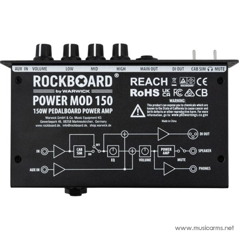 RockBoard Power Mod 150 pedal power amp with a white schematic diagram and labeled inputs/outputs on a black panel. ขายราคาพิเศษ
