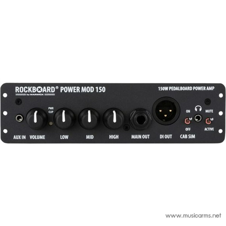 Front panel of the RockBoard Power Mod 150 pedalboard power amp showing knobs for AUX IN, VOLUME, LOW, MID, HIGH, plus MAIN OUT and DI OUT jacks and a CAB SIM switch/controls to the right. ขายราคาพิเศษ