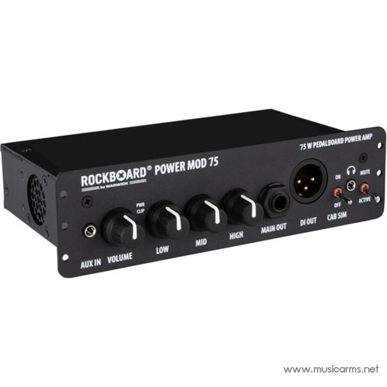 Rockboard Power Mod 75 pedalboard power amp front panel with knobs for AUX IN, VOLUME, LOW, MID, HIGH, MAIN OUT, DI OUT and cab sim. ขายราคาพิเศษ