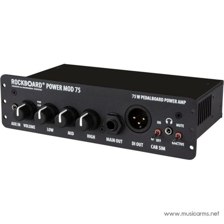 Front panel of a Rockboard Power Mod 75 75W pedalboard power amp showing AUX IN, VOLUME, LOW, MID, HIGH knobs and MAIN OUT/DI OUT connections, plus cab-sim controls. ขายราคาพิเศษ