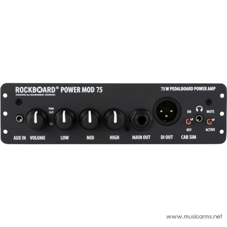 Rockboard Power Mod 75 pedalboard power amp front panel showing knobs for AUX IN, VOLUME, LOW, MID, HIGH, MAIN OUT, DI OUT, CAB SIM, and power/mute switches (75W) ขายราคาพิเศษ