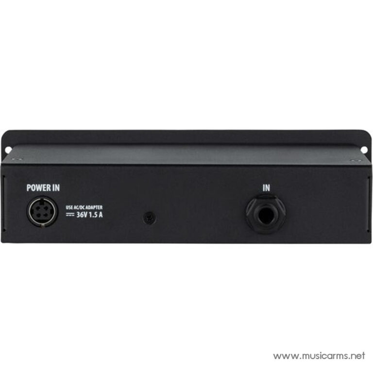 Rear panel of a black audio device showing a 5-pin power input on the left labeled POWER IN and a 1/4-inch IN jack on the right; text reads USE AC/DC ADAPTER 36V 1.5A; brand watermark www.musicarms.net in bottom-right. ขายราคาพิเศษ