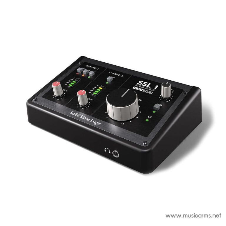Black SSL 1 audio interface with large center knob, three channel strips, LED meters, and headphone jack on a sleek black chassis. ขายราคาพิเศษ