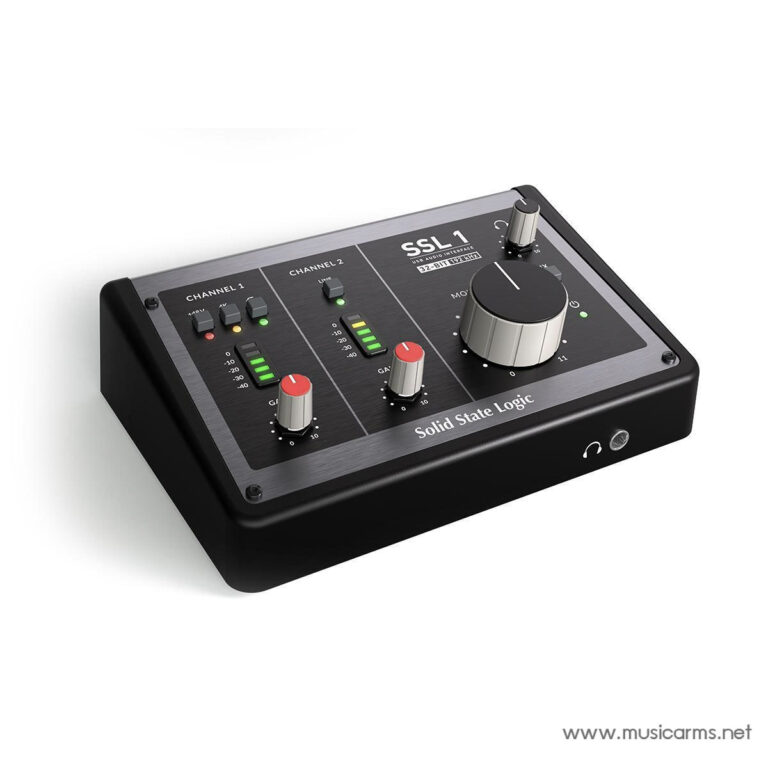 Compact studio audio interface featuring SSL 1, with channel gain knobs, level meters, and a large master control knob for main output. ขายราคาพิเศษ