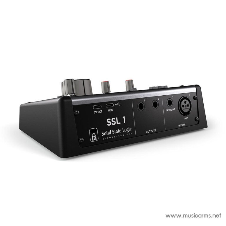 Rear panel of SSL 1 Solid State Logic audio interface showing USB, 5V external, L/R outputs, and MIC/INST-LINE inputs with labeled jacks and controls. ขายราคาพิเศษ