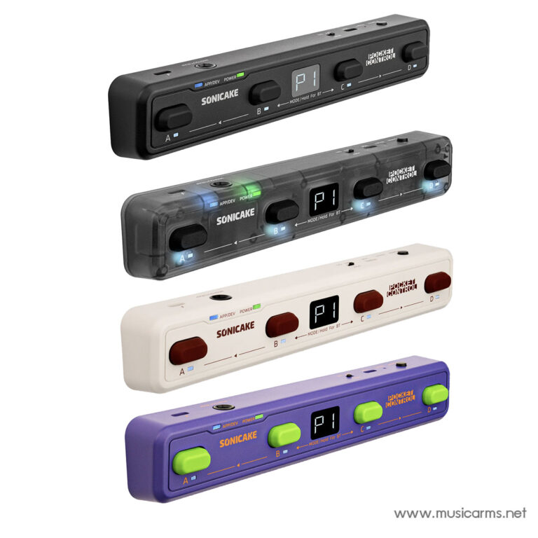 Four SonicaKE Pocket Operator portable music units stacked in black, smoky, white, and purple, each with A/B controls and a small digital display showing P1. ขายราคาพิเศษ