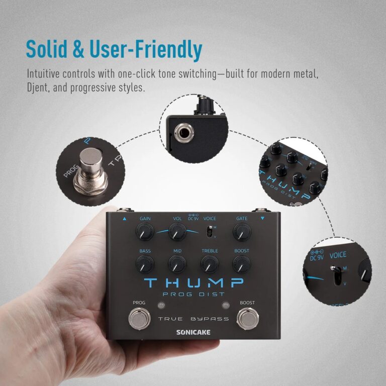 Hand holding a black Sonicake Thump guitar effects pedal; visible knobs labeled Gain, Vol, Bass, Mid, Treble, Boost, and ProG/Bass Boost switches, with 'TRUE BYPASS' text near bottom. ขายราคาพิเศษ