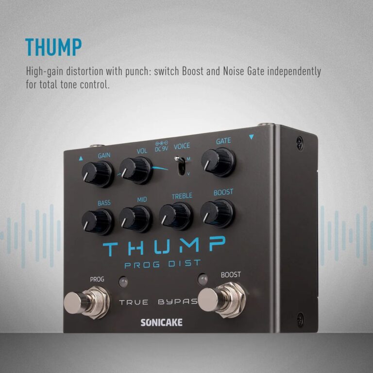 Close-up of a Sonicake Thump Pro Dist guitar pedal with multiple blue-labeled knobs (Gain, Vol, Bass, Mid, Treble, Boost) and two footswitches (Prog, True Bypass). ขายราคาพิเศษ