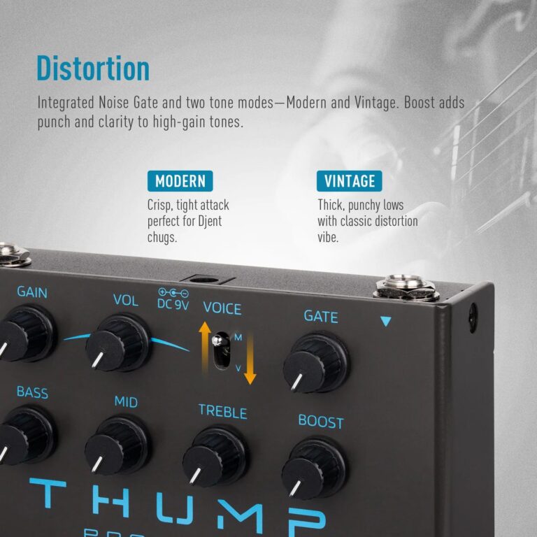 Guitar pedal front with Distortion title and two mode cards: Modern and Vintage, plus labeled controls (Gain, Vol, Bass, Mid, Treble). ขายราคาพิเศษ