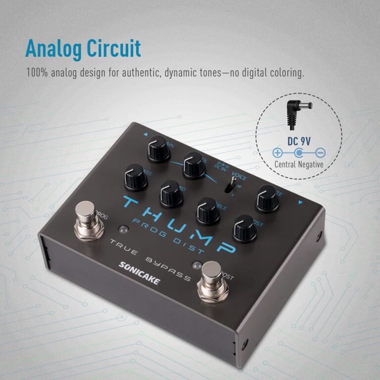 Guitar effects pedal with six black knobs and two metal footswitches, labeled True Bypass, by SonicaKe/pedal image diagonal view ขายราคาพิเศษ