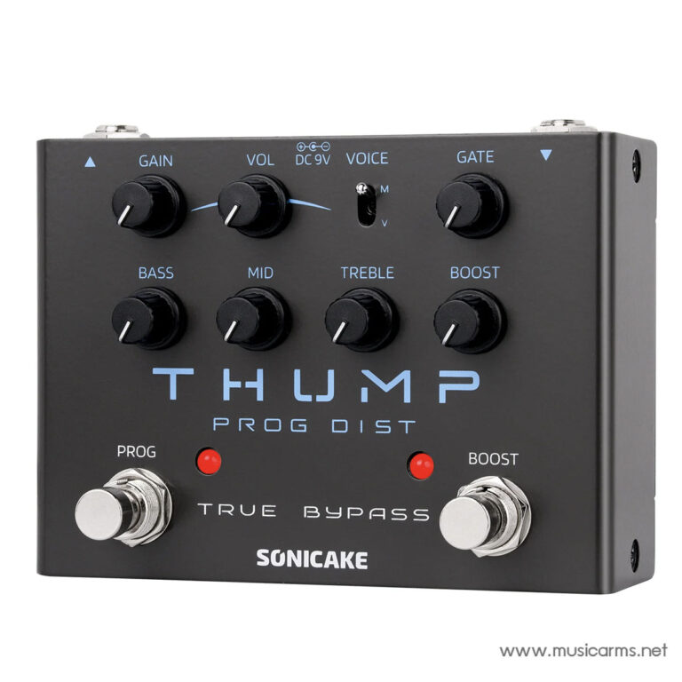 Guitar effects pedal: Sonicake Thump Pro Dist with multiple knobs (Gain, Vol, Voice, Gate, Bass, Mid, Treble, Boost) and two footswitches labeled PROG and BOOST, plus red indicator LEDs on a dark panel. ขายราคาพิเศษ