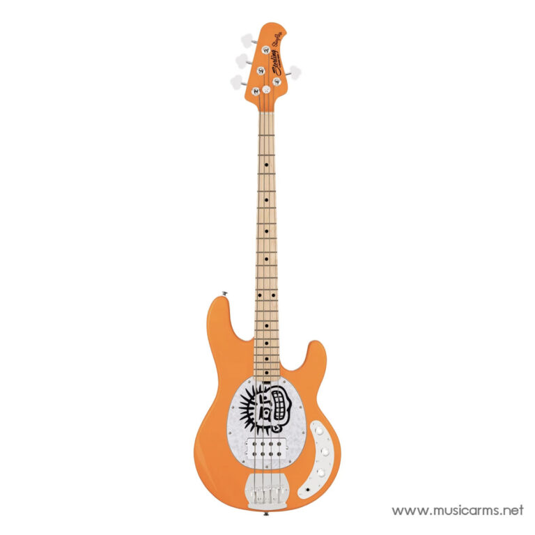 Orange Strat-style electric guitar with a silver pickguard featuring a black doodle design and a maple neck on a white background. ขายราคาพิเศษ