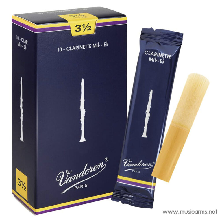Dark blue Vandoren clarinet reed box with a single reed in sleeve and a reed holder -- size 3½ (Mib-Eb) on the packaging, Vandoren Paris logo visible. ขายราคาพิเศษ