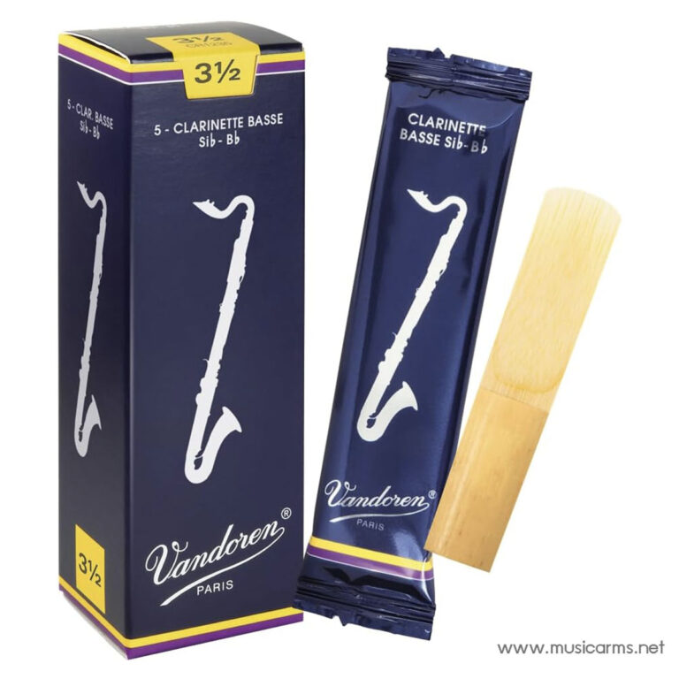 Dark blue Vandoren clarinet reed box with a loose reed in a matching blue wrapper and a natural wood reed beside it. ขายราคาพิเศษ