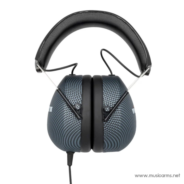 Over-ear wired headphones with blue textured ear cups and black headband, shown front-on with a plug-in cable. ขายราคาพิเศษ