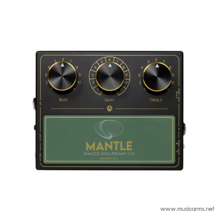 Walrus Mantle analog bass preamp/DI pedal with three gold knobs (Bass, Gain, Treble) on a black panel and green Mantle badge at bottom-right edge of pedal. ขายราคาพิเศษ