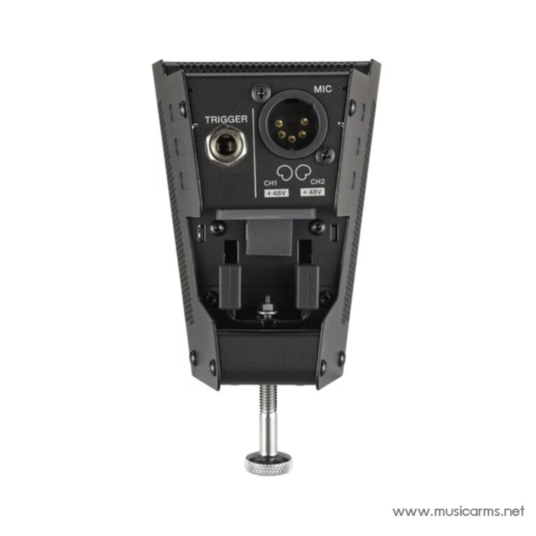 Rear view of a compact microphone receiver showing MIC input, trigger port, and two channels with +48V phantom power (CH1 and CH2). ขายราคาพิเศษ