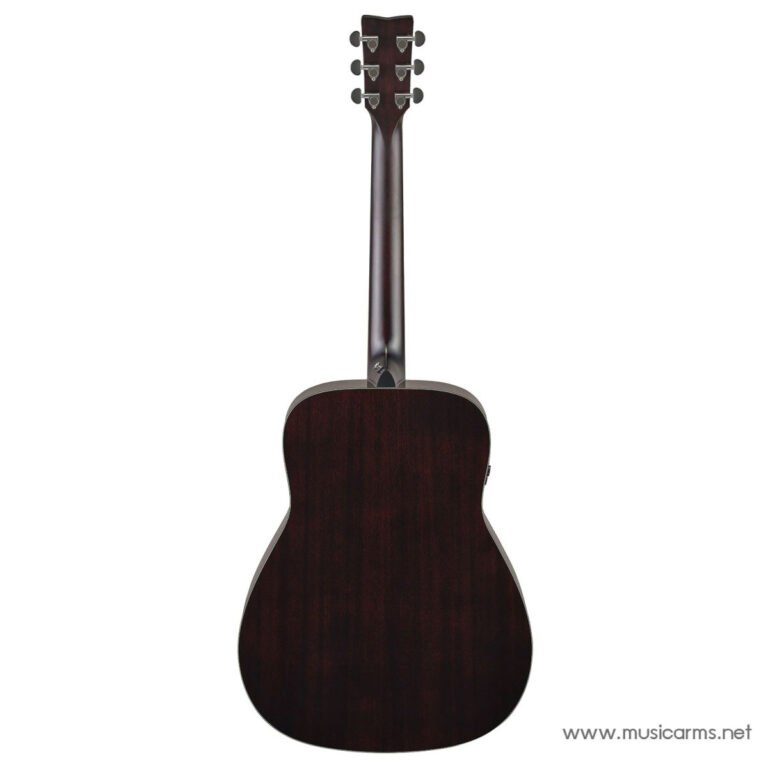 Back view of a dark wood acoustic guitar showing the body and neck from the rear surface. ขายราคาพิเศษ