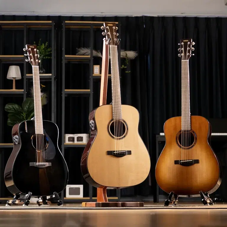 Three acoustic guitars on stands in a showroom—black, natural, and sunburst finishes from left to right, with shelves and plants in the background. ขายราคาพิเศษ