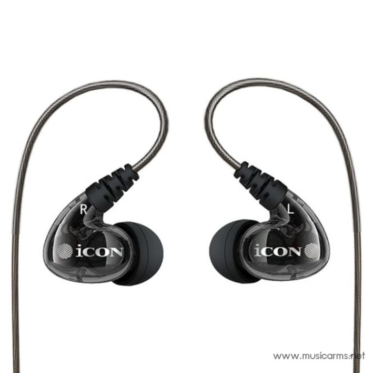 In-ear wired headphones with clear housings labeled L and R and braided cables. ขายราคาพิเศษ