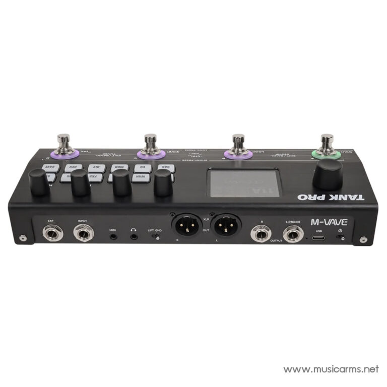 Front and top view of a black Tank Pro multi-effects unit with four footswitch pads, knobs, and a small display, used by musicians. ขายราคาพิเศษ