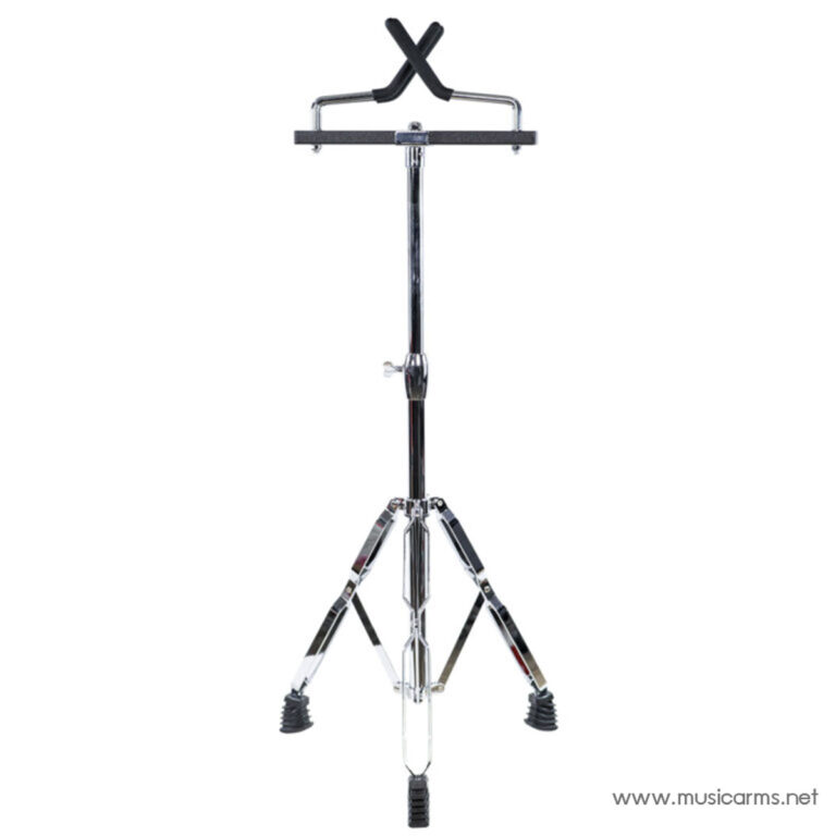 Chrome drum/ cymbal stand with a crossbar top and X-shaped yoke on a tripod base, photographed against white background, with rubber feet. ขายราคาพิเศษ