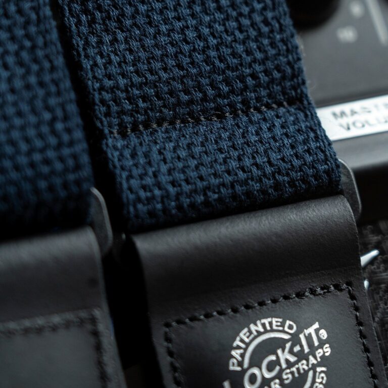 Close-up of dark woven strap material with stitched edge and a leather tag that reads 'Lock-It Straps' (patented). ขายราคาพิเศษ