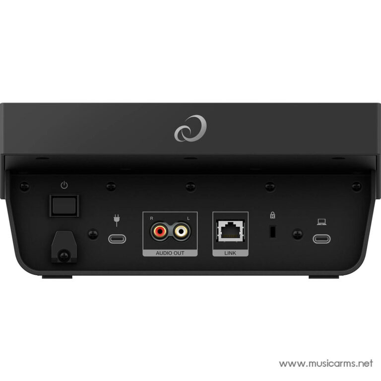 Rear panel of a black audio device showing power input, RCA left/right audio outputs labeled Audio Out, and an Ethernet (Link) port along with additional small ports. ขายราคาพิเศษ