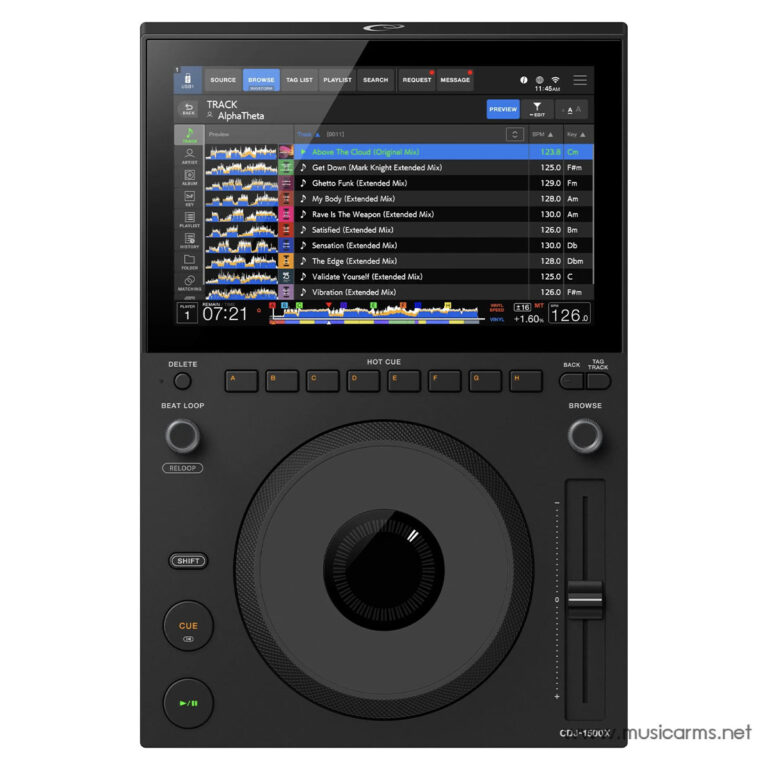 Professional DJ controller with a large central jog wheel, a screen showing track names and waveforms, and rows of buttons and knobs. ขายราคาพิเศษ